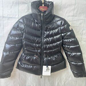 Moncler Black Shiny Quilted Puffer Jacket - Women’s Cinched Waist, High Collar